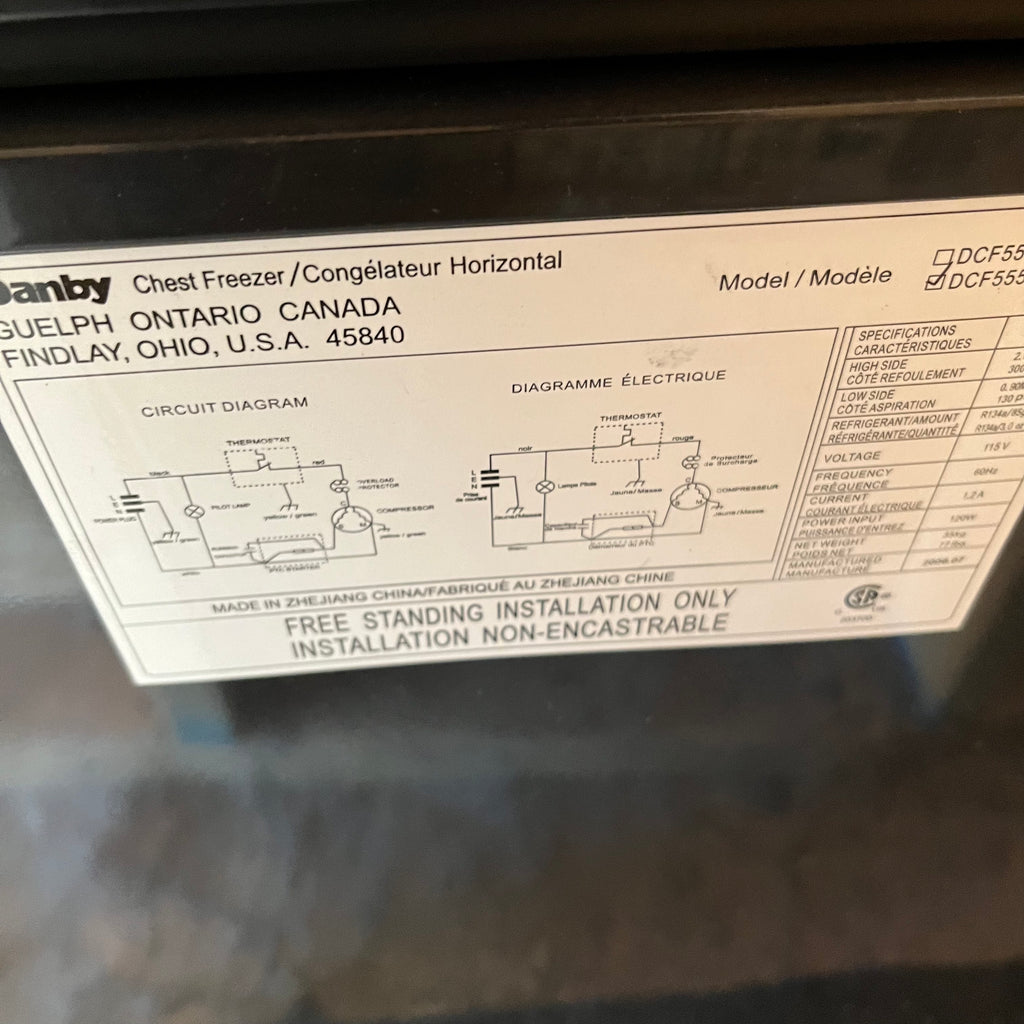 Y342 Black Danby chest freezer (model DCF5558L, 32" x 23" x 34", contents not included)