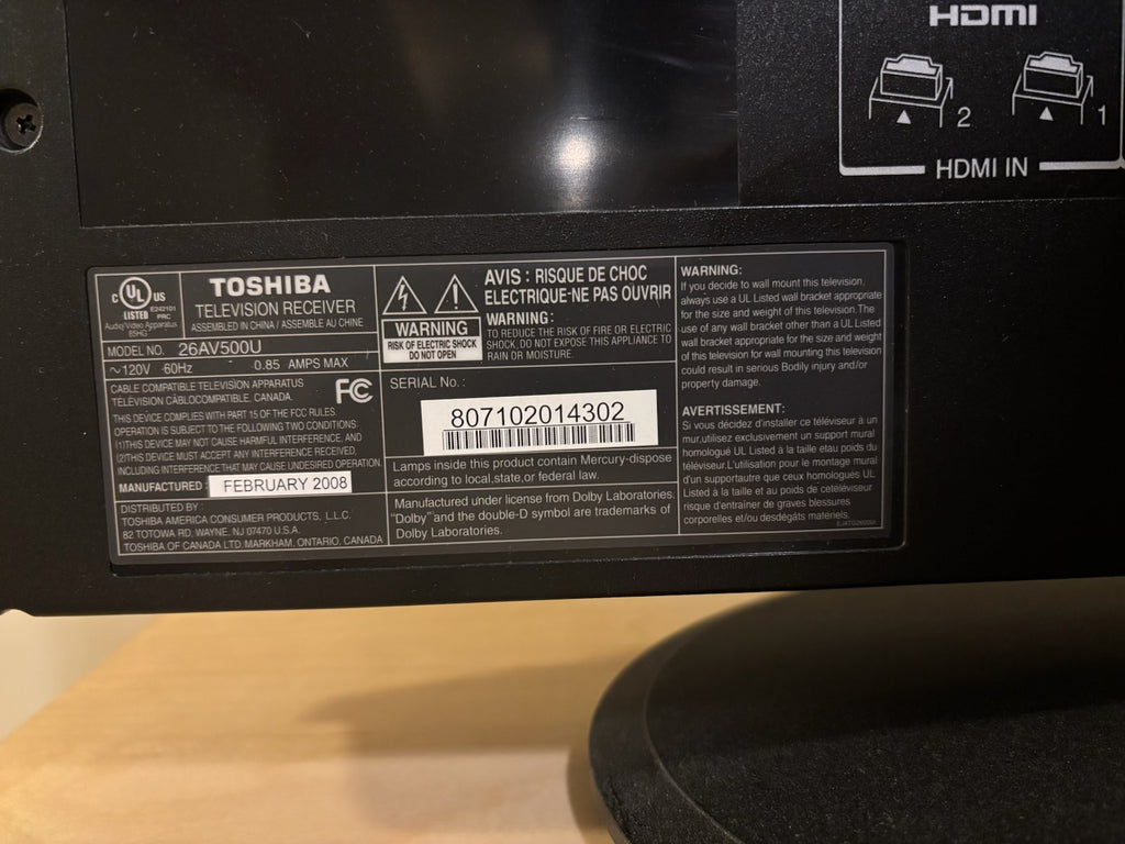 B202 26” Toshiba TV 26AV500U