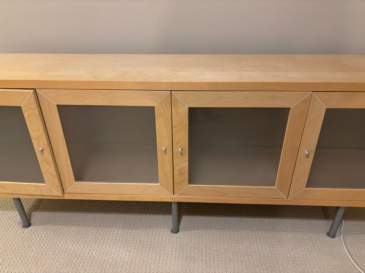 B206 IKEA "Bonde" pine four door cabinet with clear glass panels (29.5” x 76.5” x 16”)