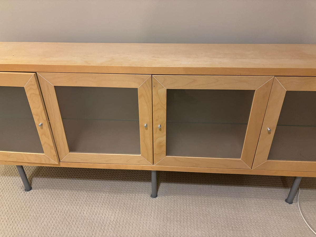 B206 IKEA "Bonde" pine four door cabinet with clear glass panels (29.5” x 76.5” x 16”)