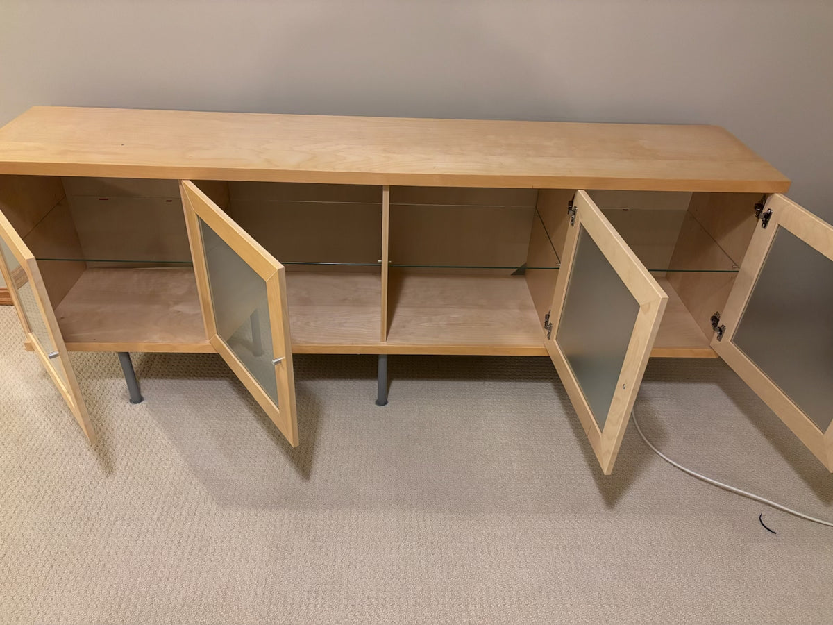 B206 IKEA "Bonde" pine four door cabinet with clear glass panels (29.5” x 76.5” x 16”)
