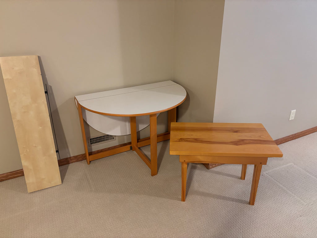 B219 Vintage IKEA "Vansbro" gateleg table from the 1980s, wooden bench and blonde wood wall shelf