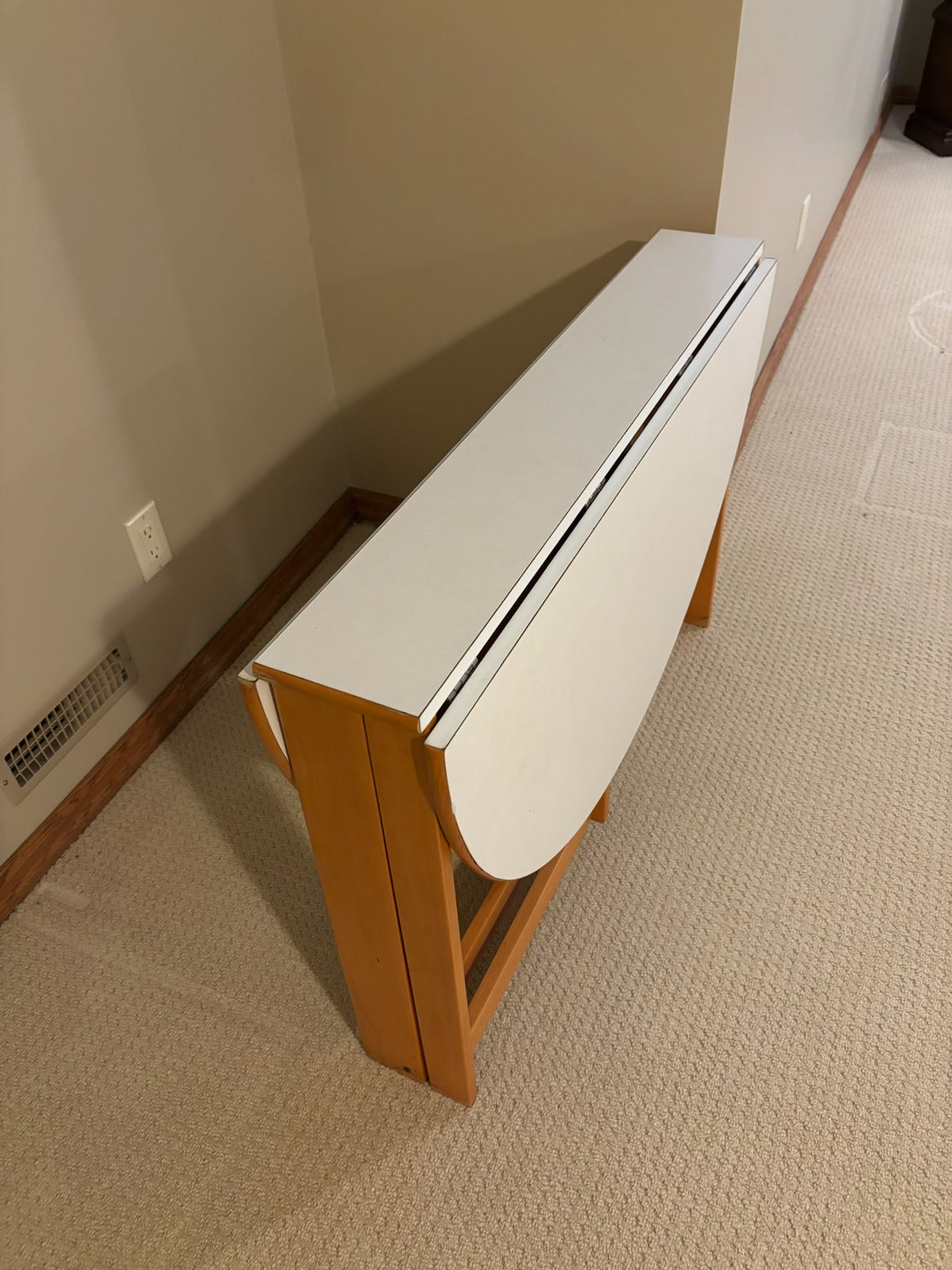 B219 Vintage IKEA "Vansbro" gateleg table from the 1980s, wooden bench and blonde wood wall shelf
