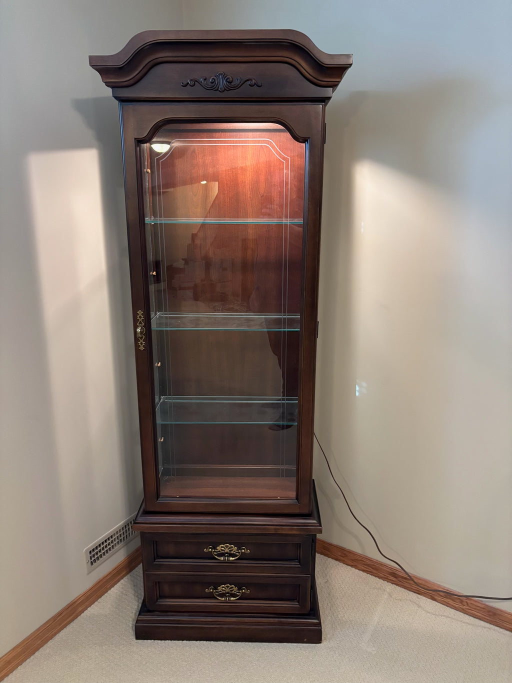 B220 Vintage dark wooden curio glass door cabinet (72” x 25” x 24”)