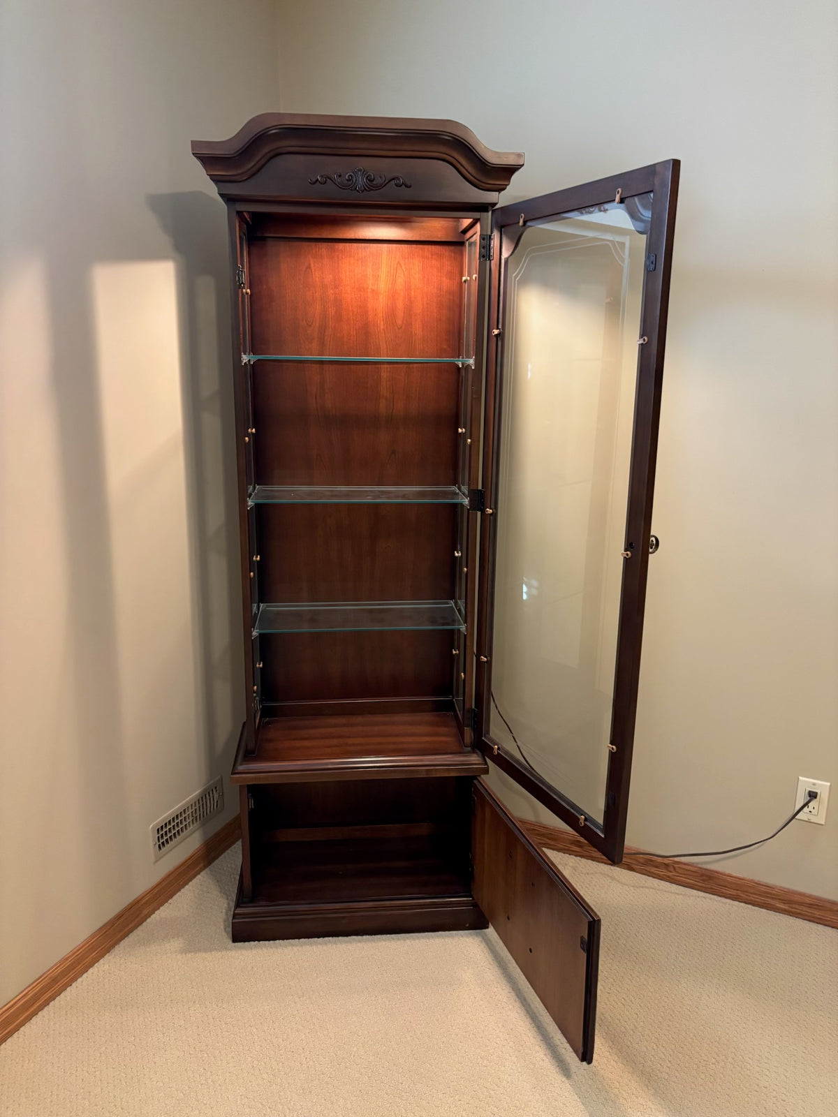 B220 Vintage dark wooden curio glass door cabinet (72” x 25” x 24”)