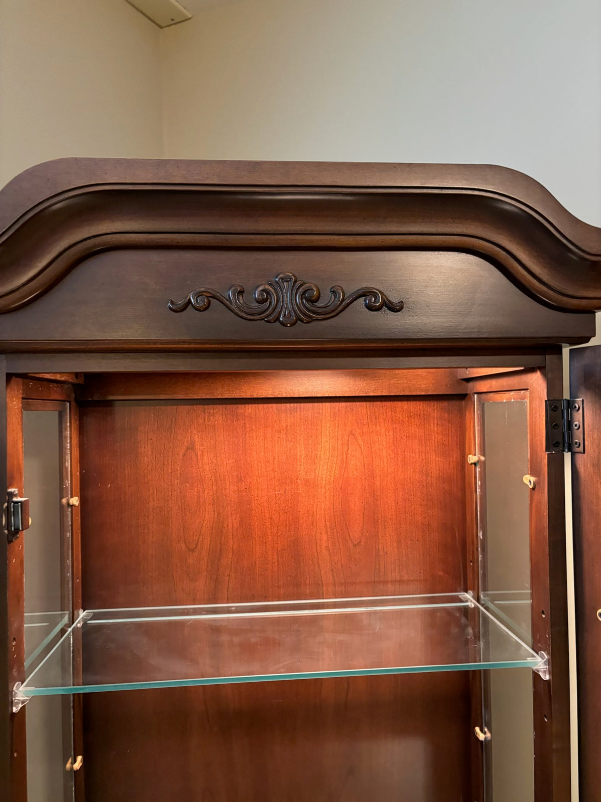 B220 Vintage dark wooden curio glass door cabinet (72” x 25” x 24”)