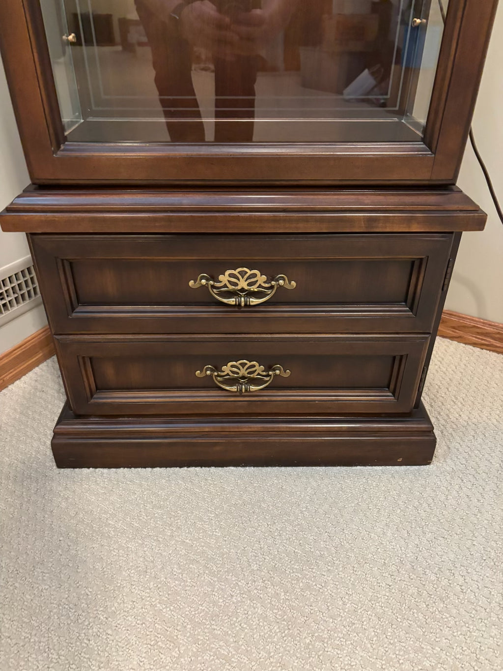 B220 Vintage dark wooden curio glass door cabinet (72” x 25” x 24”)
