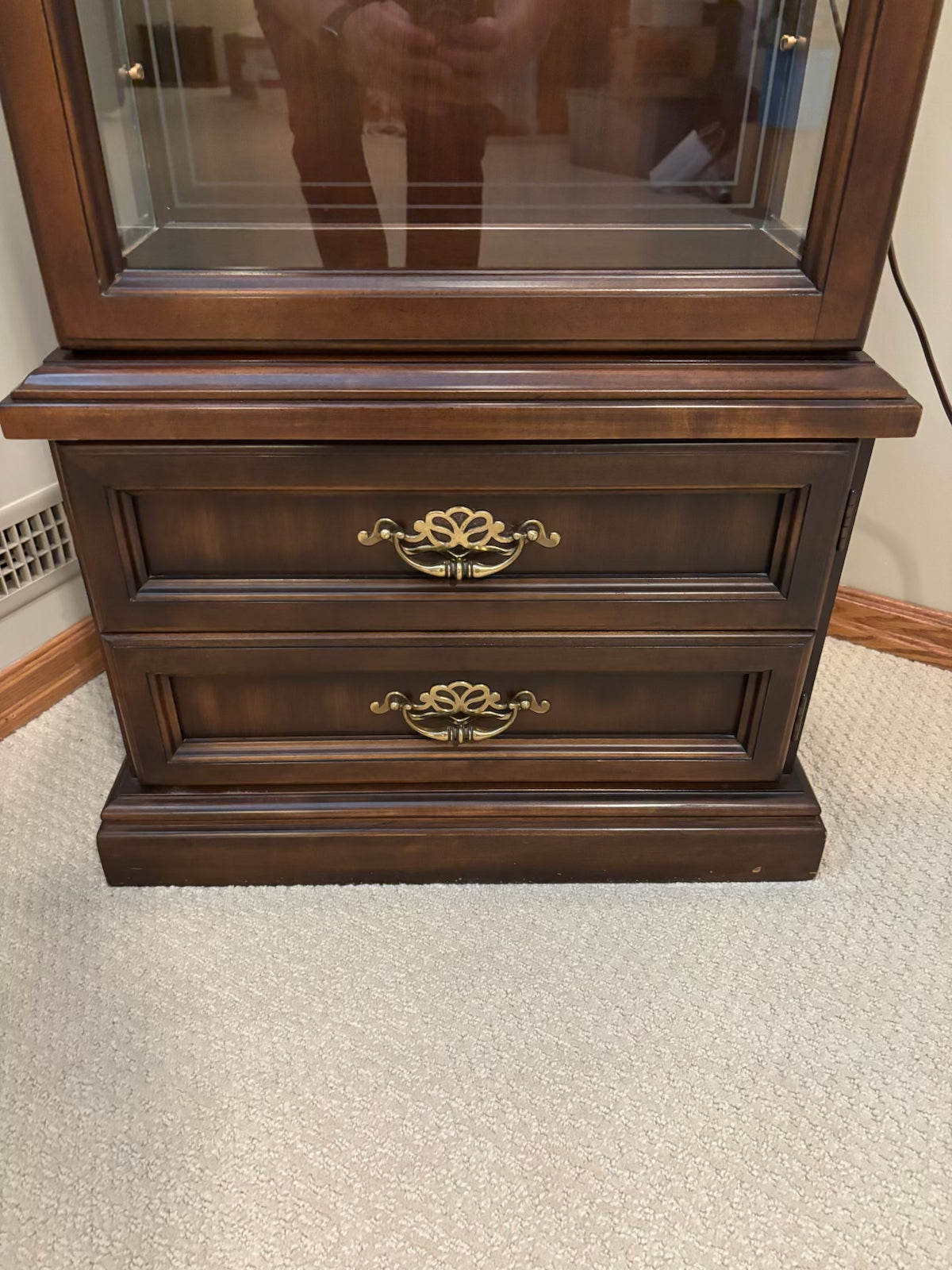 B220 Vintage dark wooden curio glass door cabinet (72” x 25” x 24”)