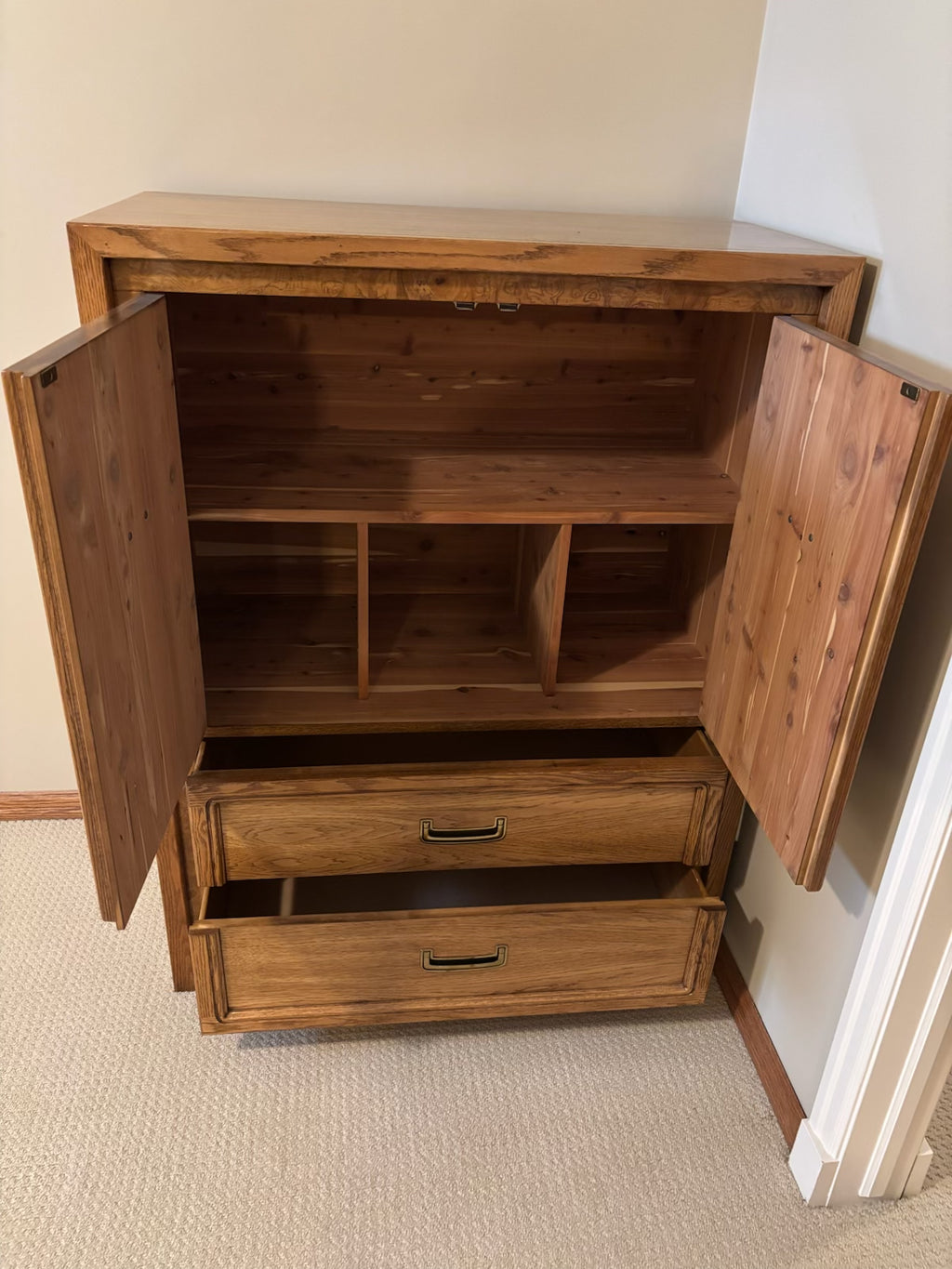 B221 Vintage wooden armoire with interior storage (50” x 39” x 20”)