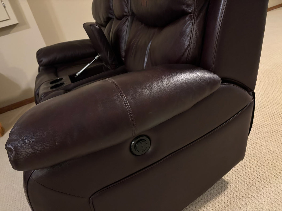 B227 Brown leather theatre reclining couch (some wear on headrest)