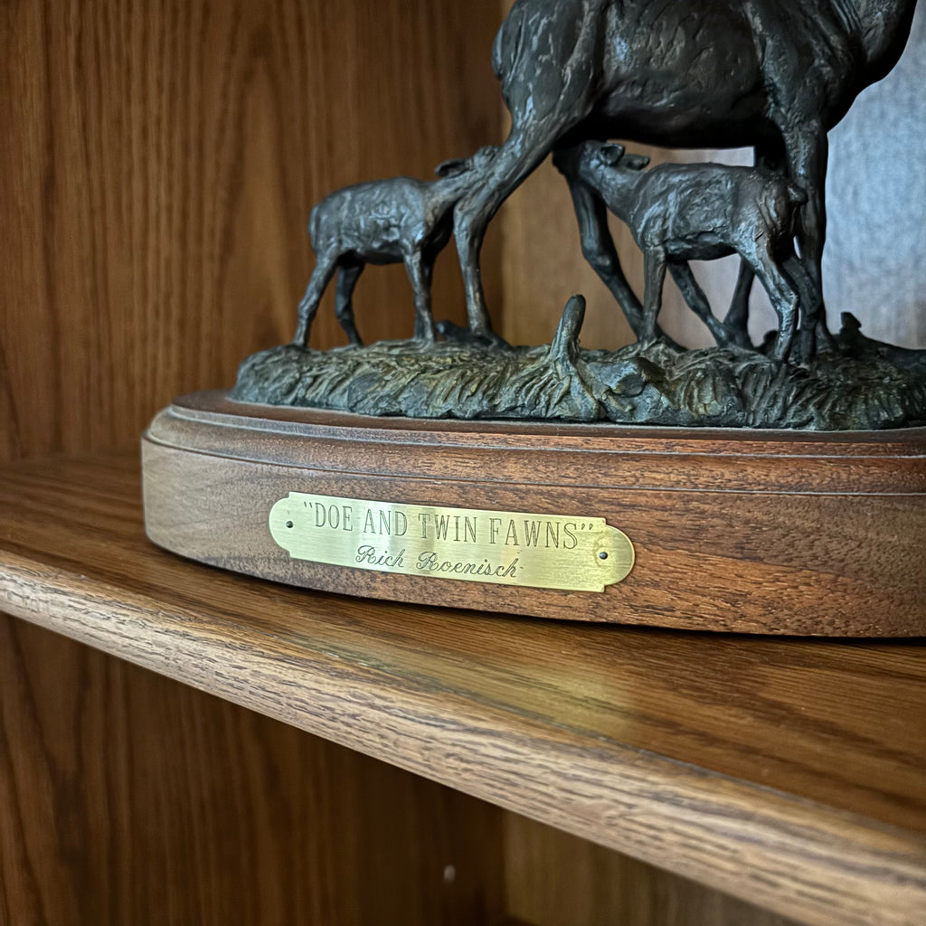 B103 Vintage bronze, "Doe and Twin Fawns" by Rick Roenisch with authentication