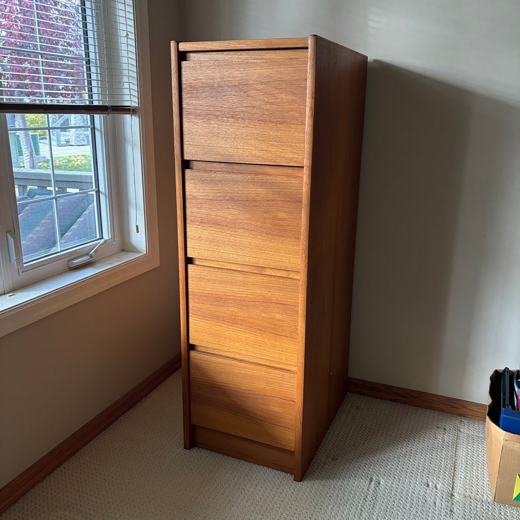 B106 Mid Century teak four drawer filing cabinet (53.5” x 24” x 17”)*** some wear on top and scratches on side
