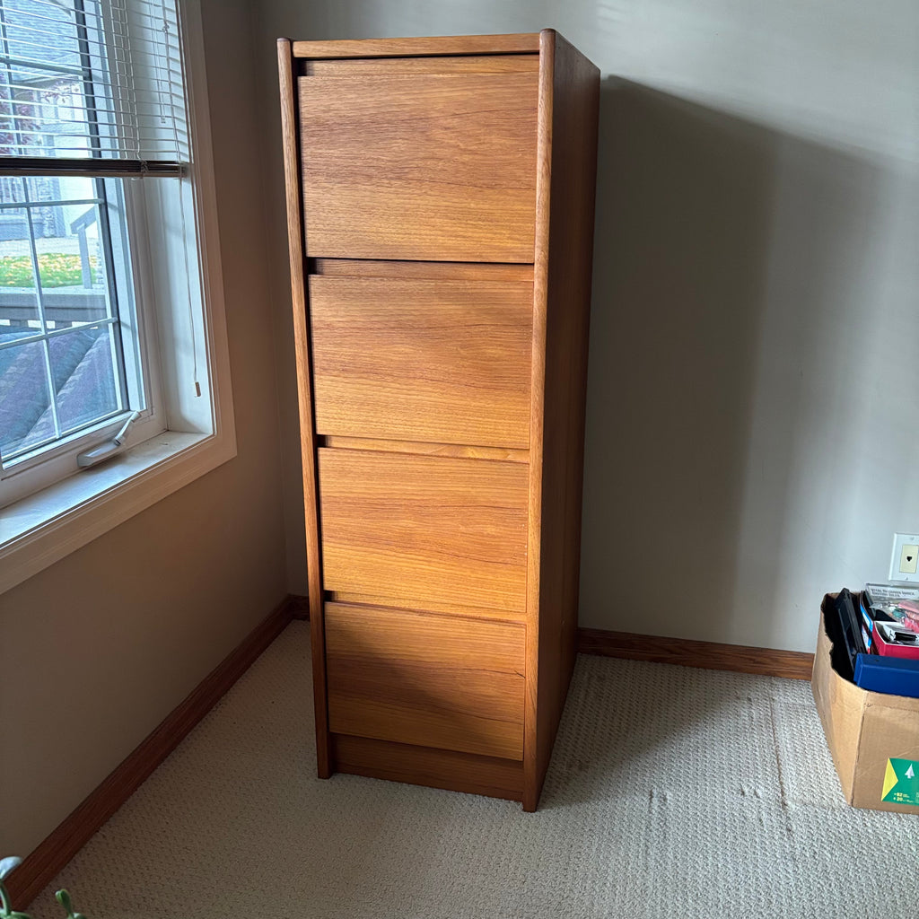 B106 Mid Century teak four drawer filing cabinet (53.5” x 24” x 17”)*** some wear on top and scratches on side