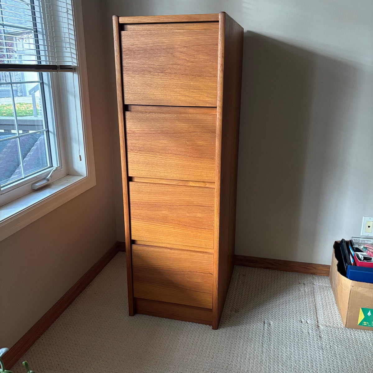 B106 Mid Century teak four drawer filing cabinet (53.5” x 24” x 17”)*** some wear on top and scratches on side