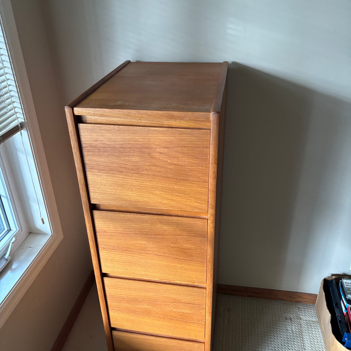 B106 Mid Century teak four drawer filing cabinet (53.5” x 24” x 17”)*** some wear on top and scratches on side