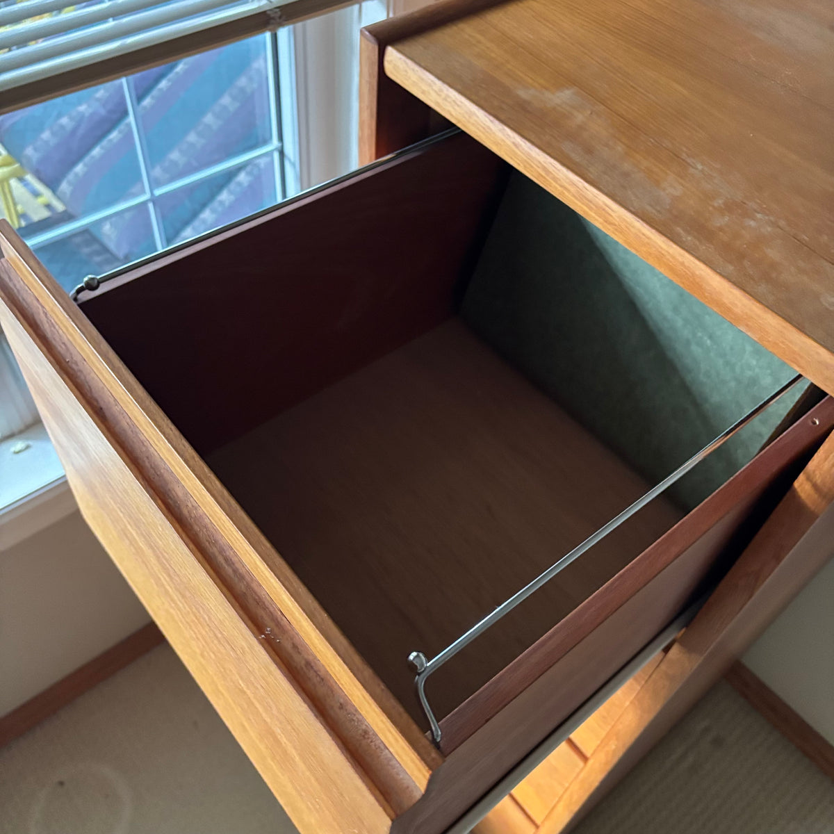 B106 Mid Century teak four drawer filing cabinet (53.5” x 24” x 17”)*** some wear on top and scratches on side