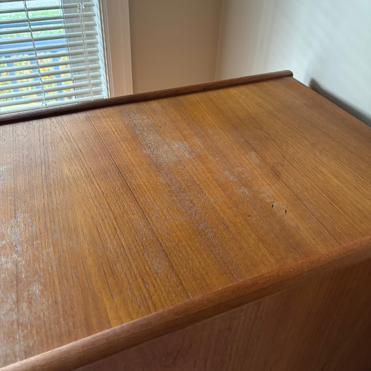B106 Mid Century teak four drawer filing cabinet (53.5” x 24” x 17”)*** some wear on top and scratches on side