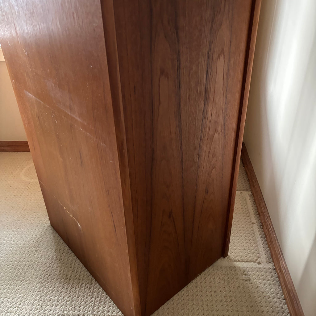 B106 Mid Century teak four drawer filing cabinet (53.5” x 24” x 17”)*** some wear on top and scratches on side