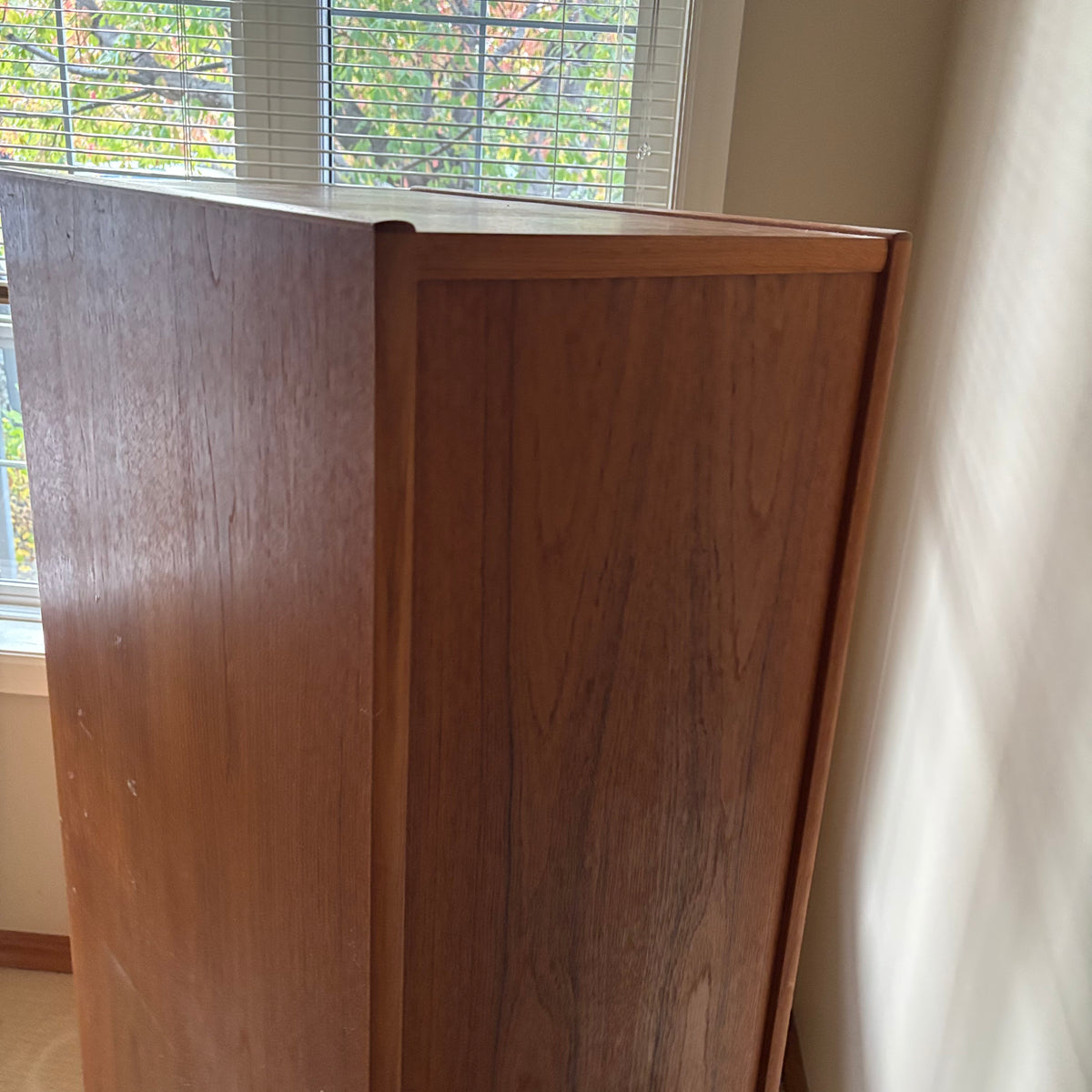 B106 Mid Century teak four drawer filing cabinet (53.5” x 24” x 17”)*** some wear on top and scratches on side