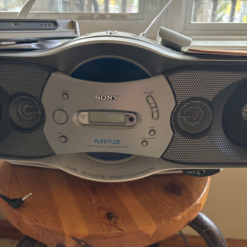 B107 Vintage Sony portable stereo and speaker system grouping