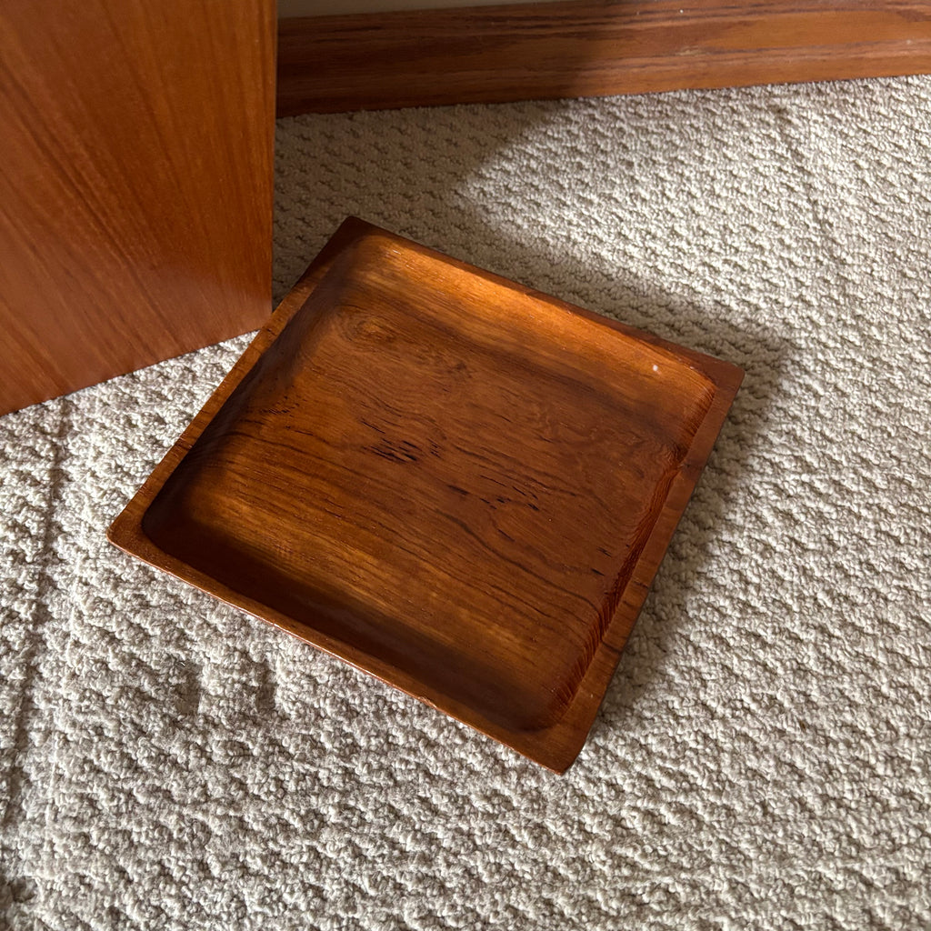 B108 Mid century teak waste paper bin and tray