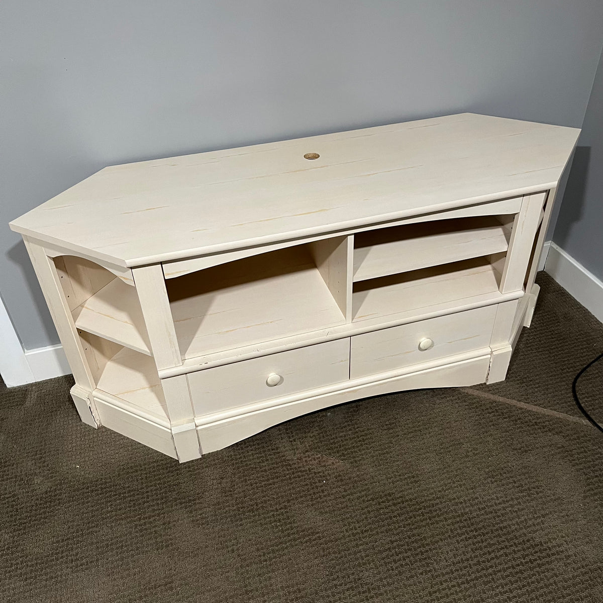 D323 Light natural wood TV stand with open storage and two drawers (AS IS - damage to botom, 62" x 28" 19")