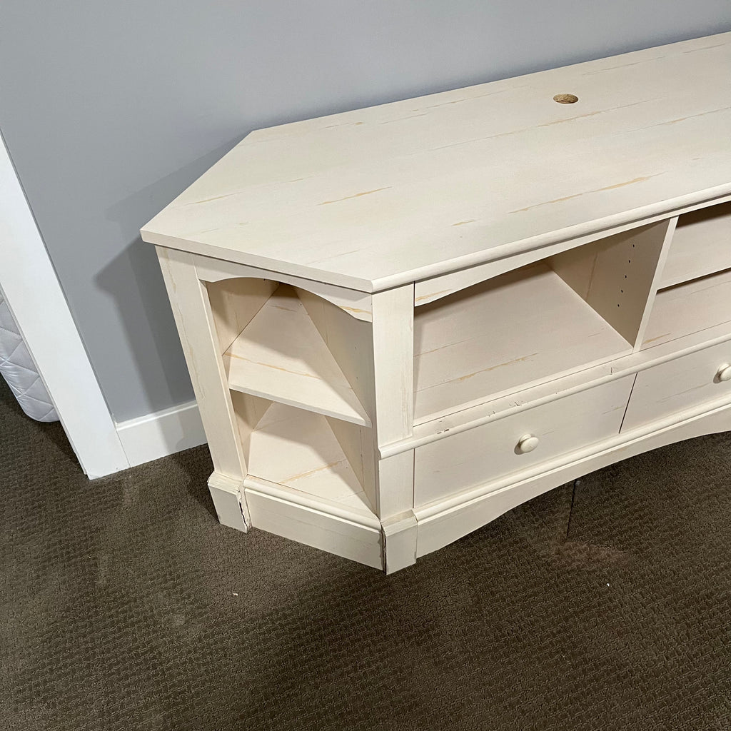 D323 Light natural wood TV stand with open storage and two drawers (AS IS - damage to botom, 62" x 28" 19")