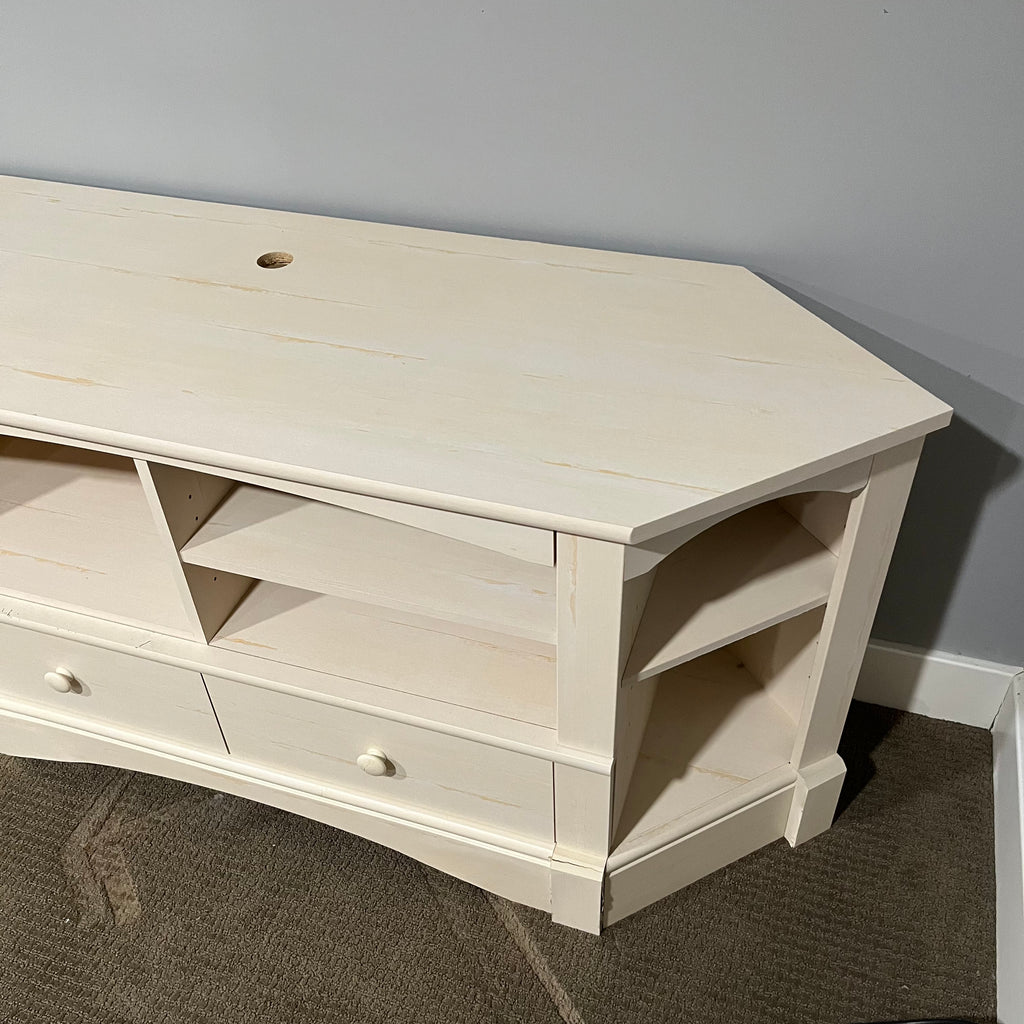D323 Light natural wood TV stand with open storage and two drawers (AS IS - damage to botom, 62" x 28" 19")