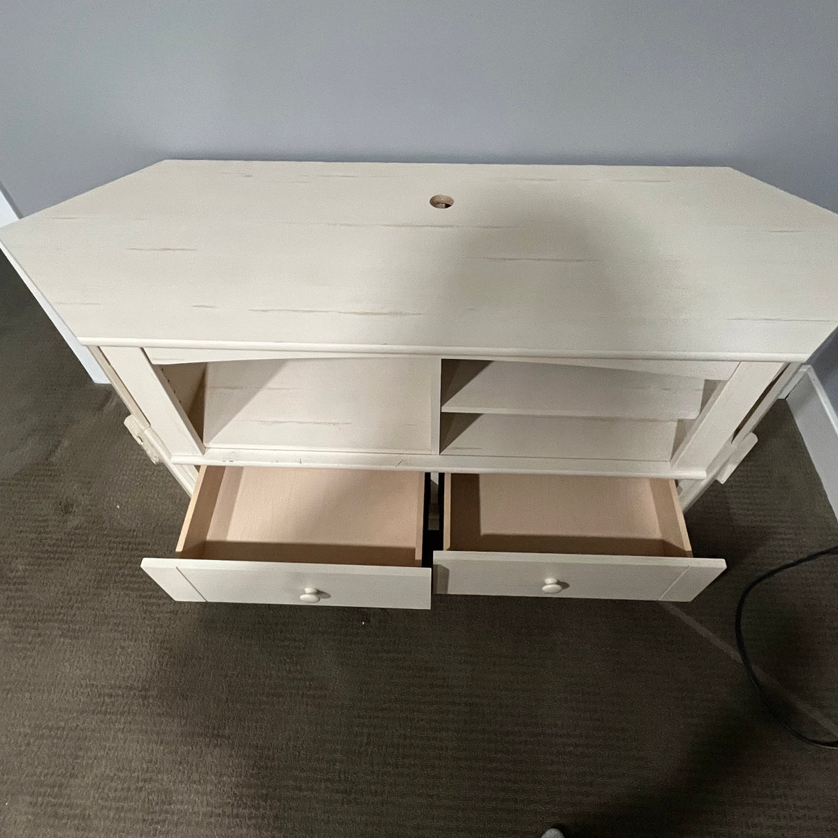 D323 Light natural wood TV stand with open storage and two drawers (AS IS - damage to botom, 62" x 28" 19")