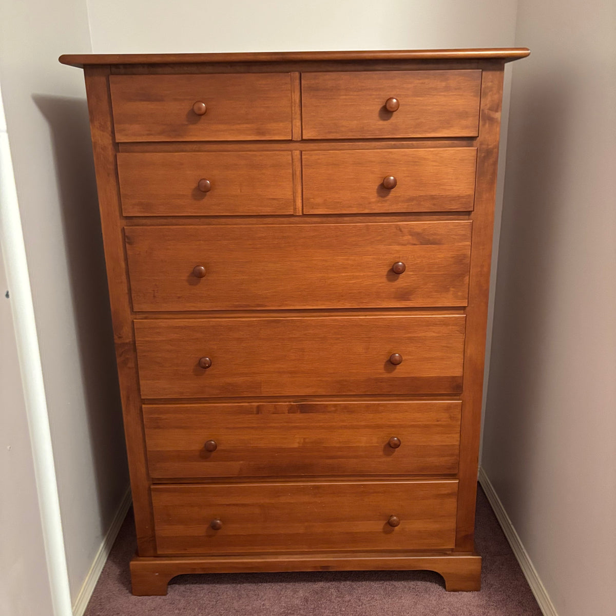 R104 VINTAGE SOLID WOOD NADEAU MADE IN CANADA HIGHBOY DRESSER (48" X 30 X 17")