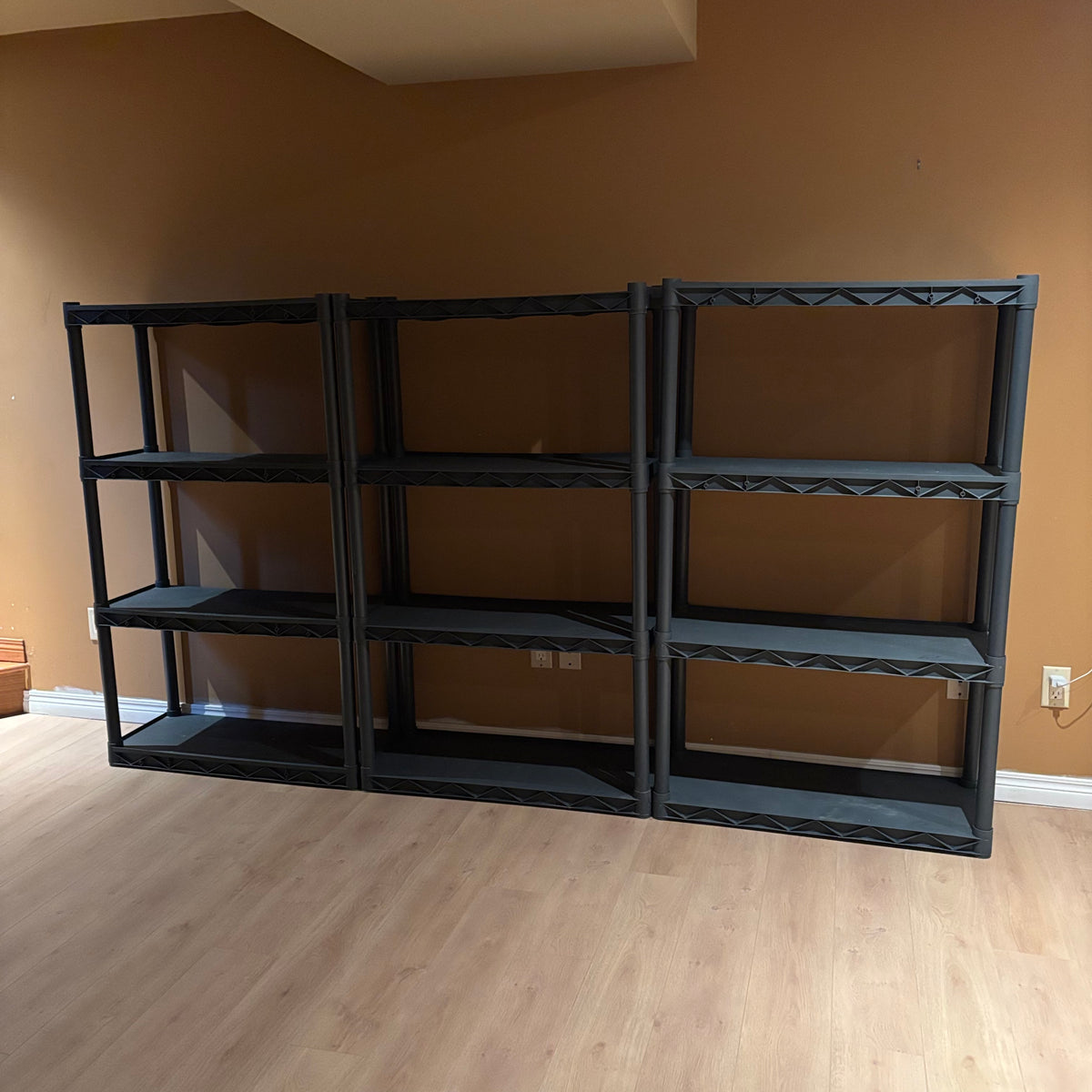 R107 3 PLASTIC SHELVING UNITS (EACH 52" X 24" X 15")