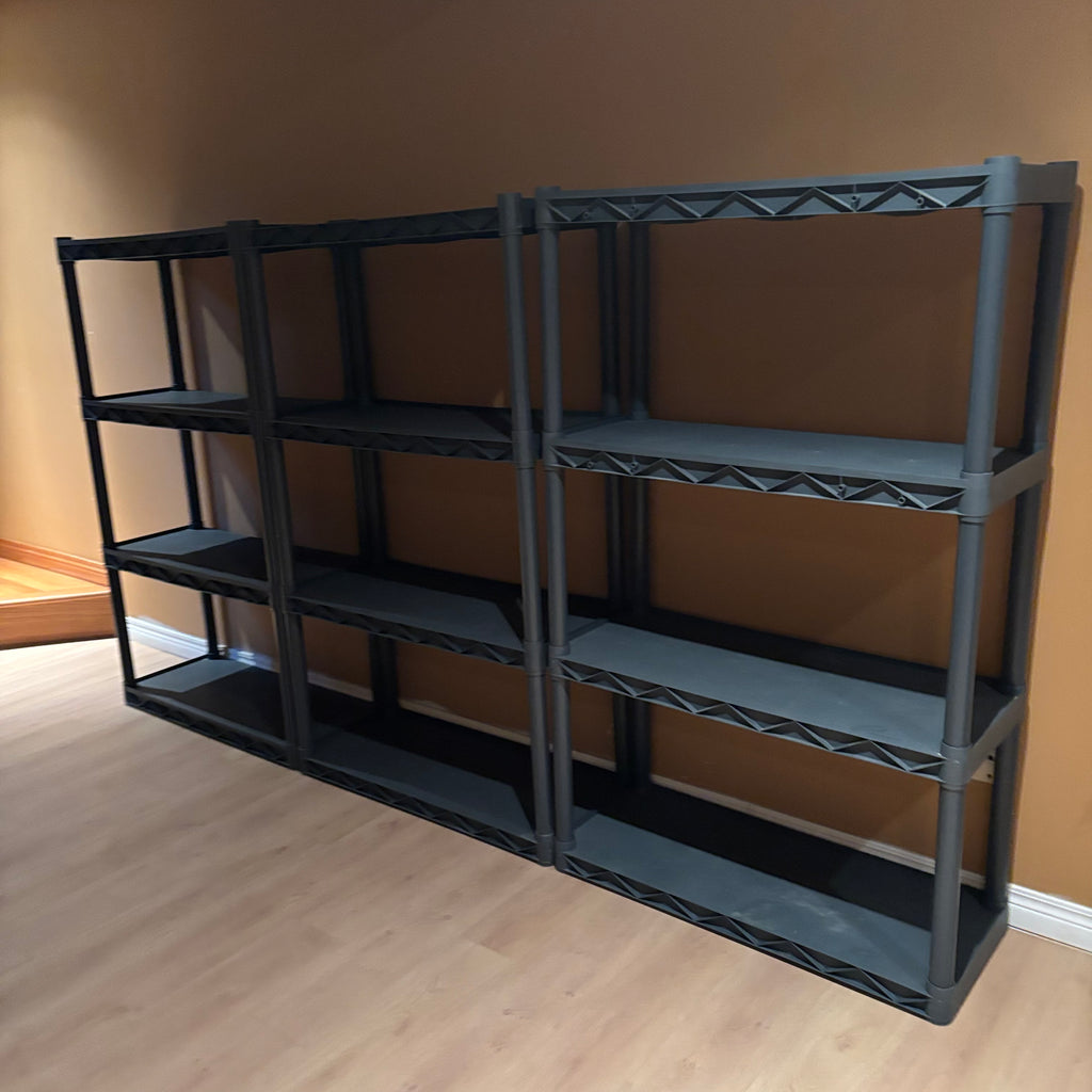 R107 3 PLASTIC SHELVING UNITS (EACH 52" X 24" X 15")