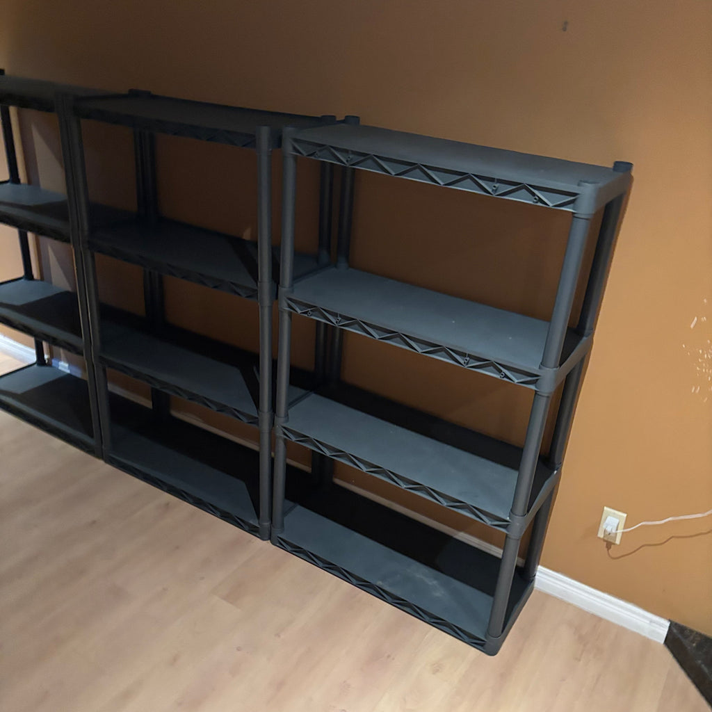R107 3 PLASTIC SHELVING UNITS (EACH 52" X 24" X 15")