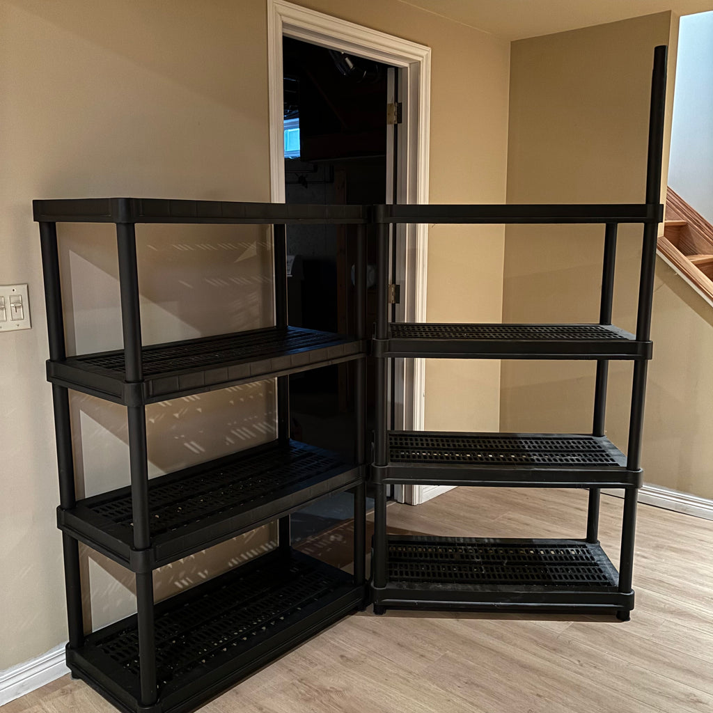 R108 2 PLASTIC SHELVING UNITS (EACH 52" X 24" X 15")