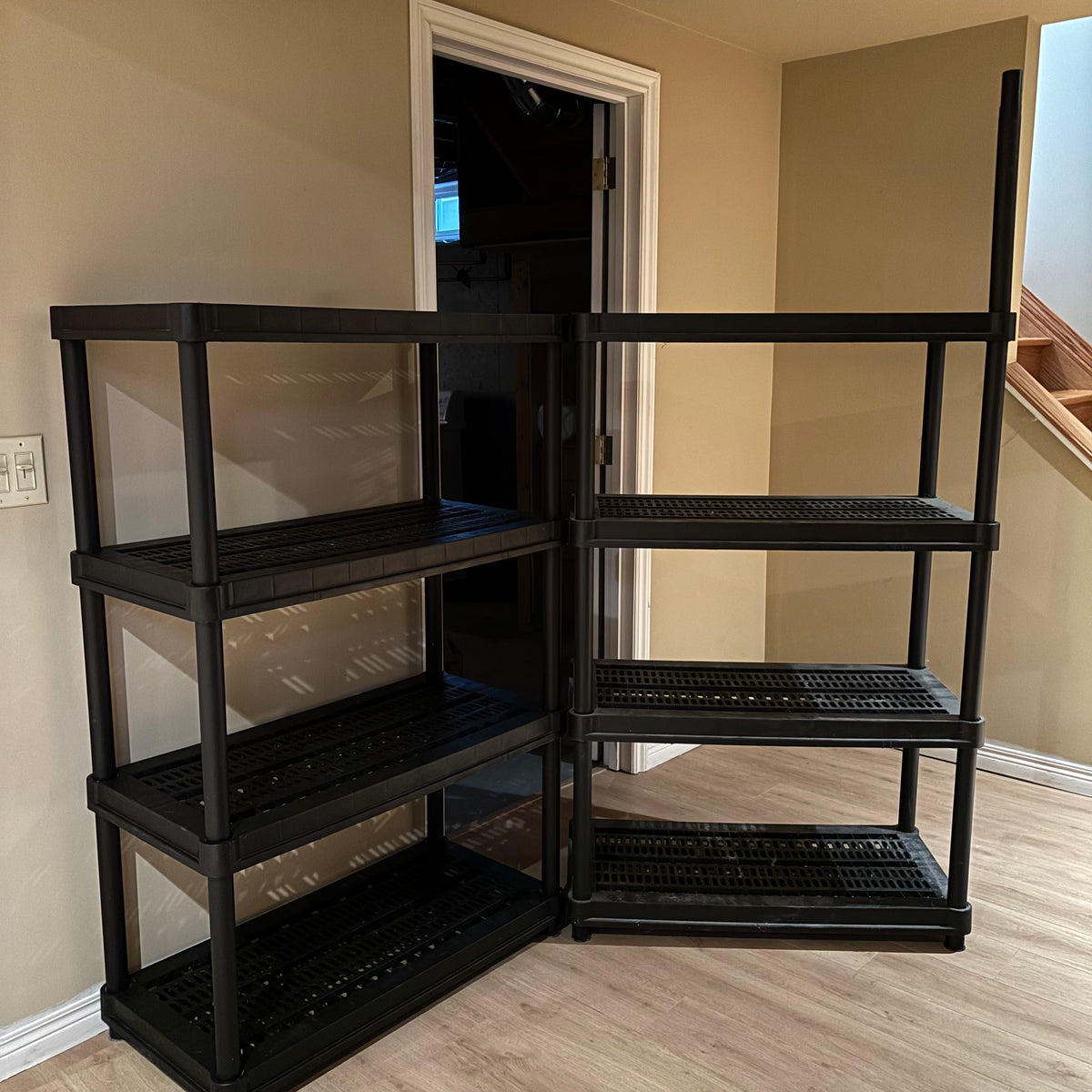 R108 2 PLASTIC SHELVING UNITS (EACH 52" X 24" X 15")