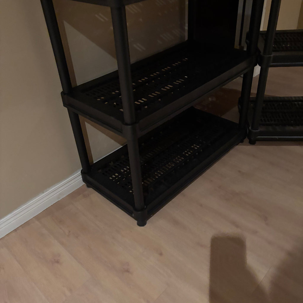 R108 2 PLASTIC SHELVING UNITS (EACH 52" X 24" X 15")