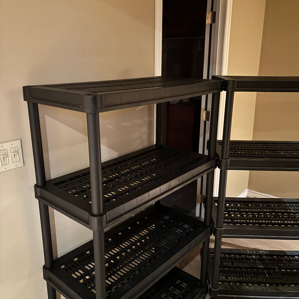 R108 2 PLASTIC SHELVING UNITS (EACH 52" X 24" X 15")
