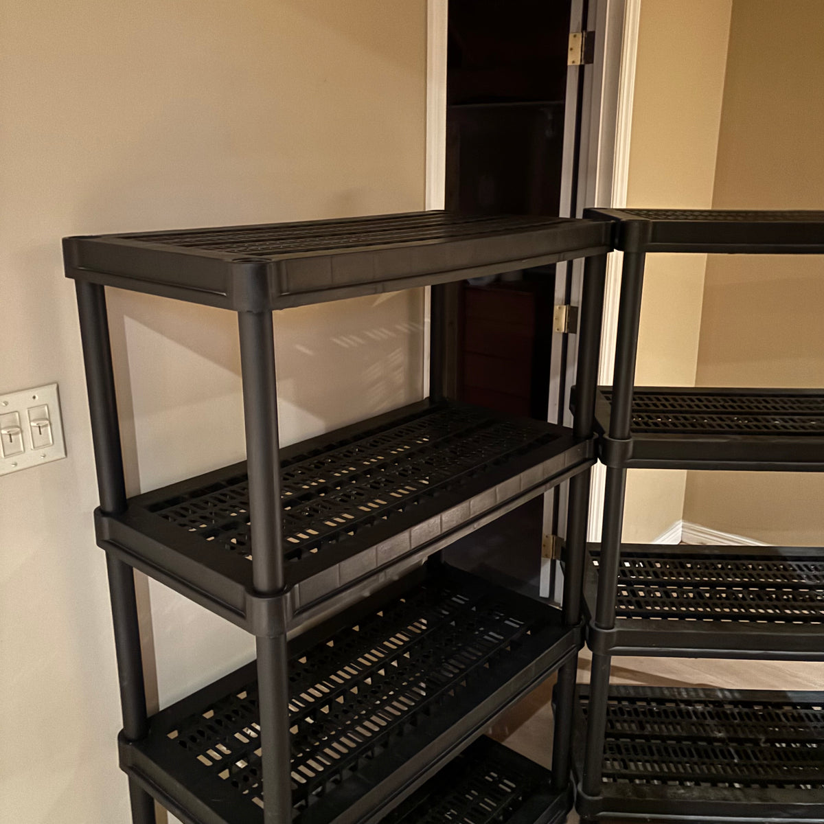 R108 2 PLASTIC SHELVING UNITS (EACH 52" X 24" X 15")