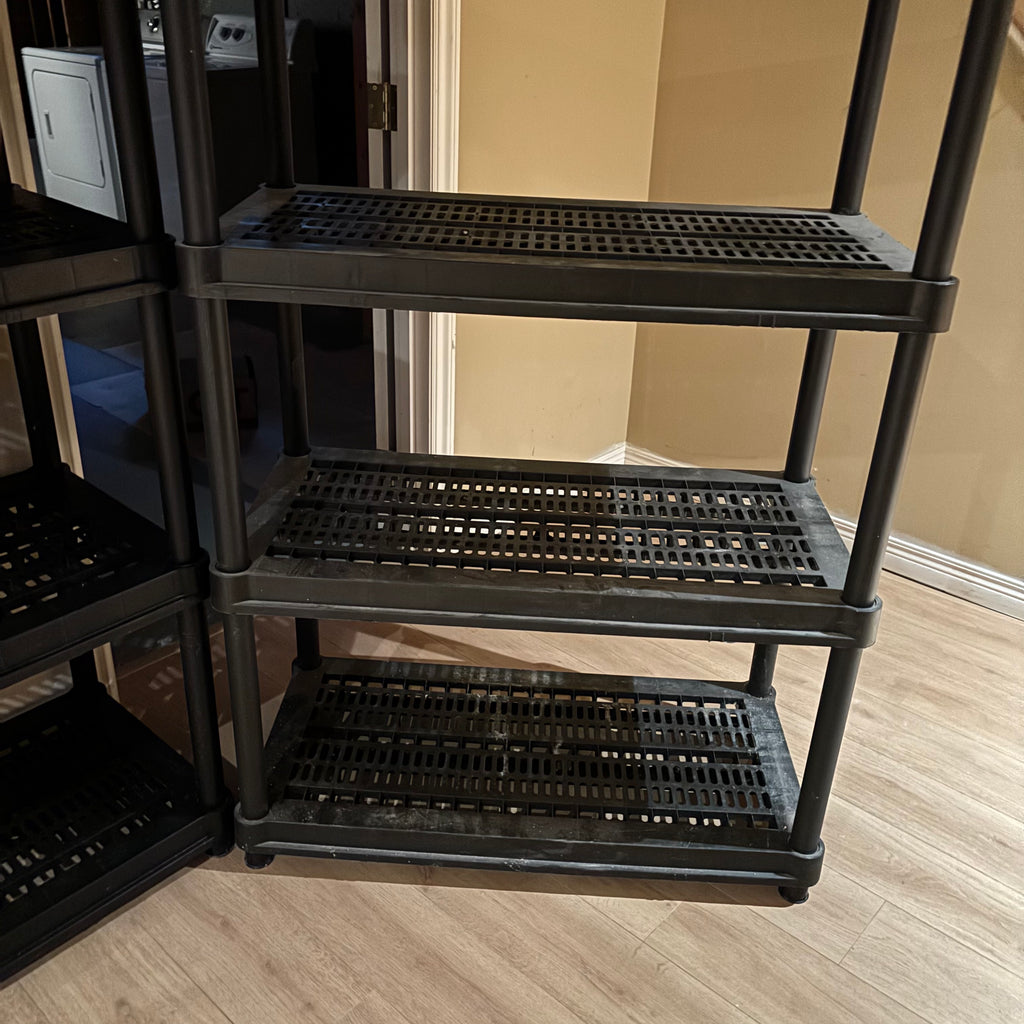 R108 2 PLASTIC SHELVING UNITS (EACH 52" X 24" X 15")