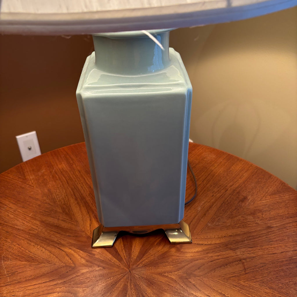 R112 Vintage blue ceramic base table lamp with ivory shade