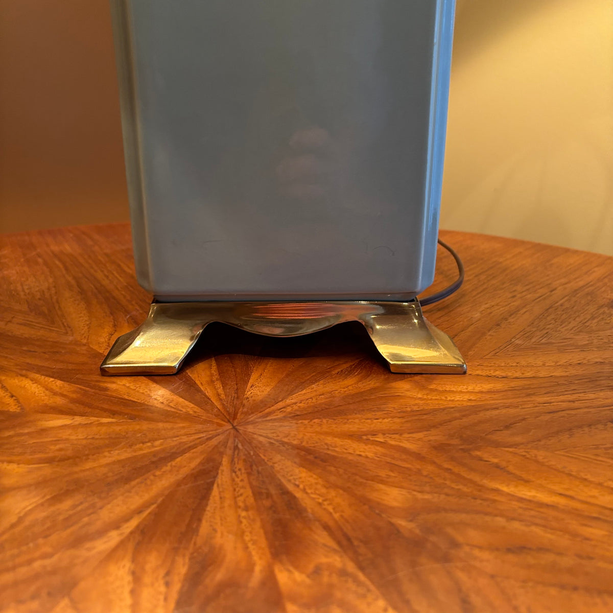 R112 Vintage blue ceramic base table lamp with ivory shade