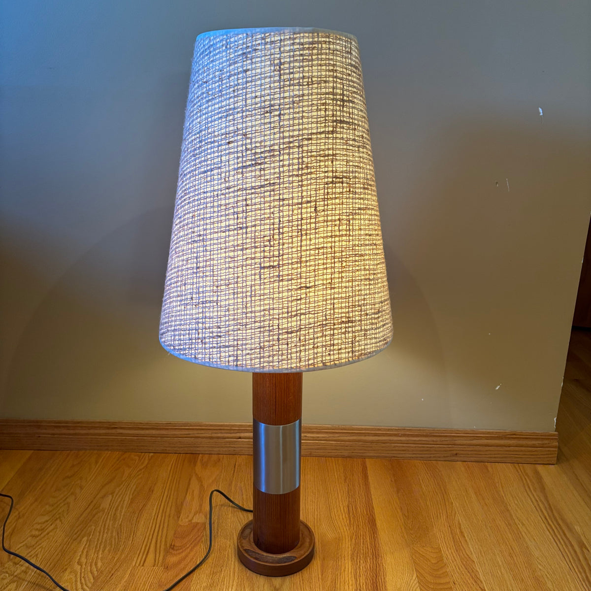 R118 Set of 2 Mid century Teak base table lamps with fabric shades (36" tall)