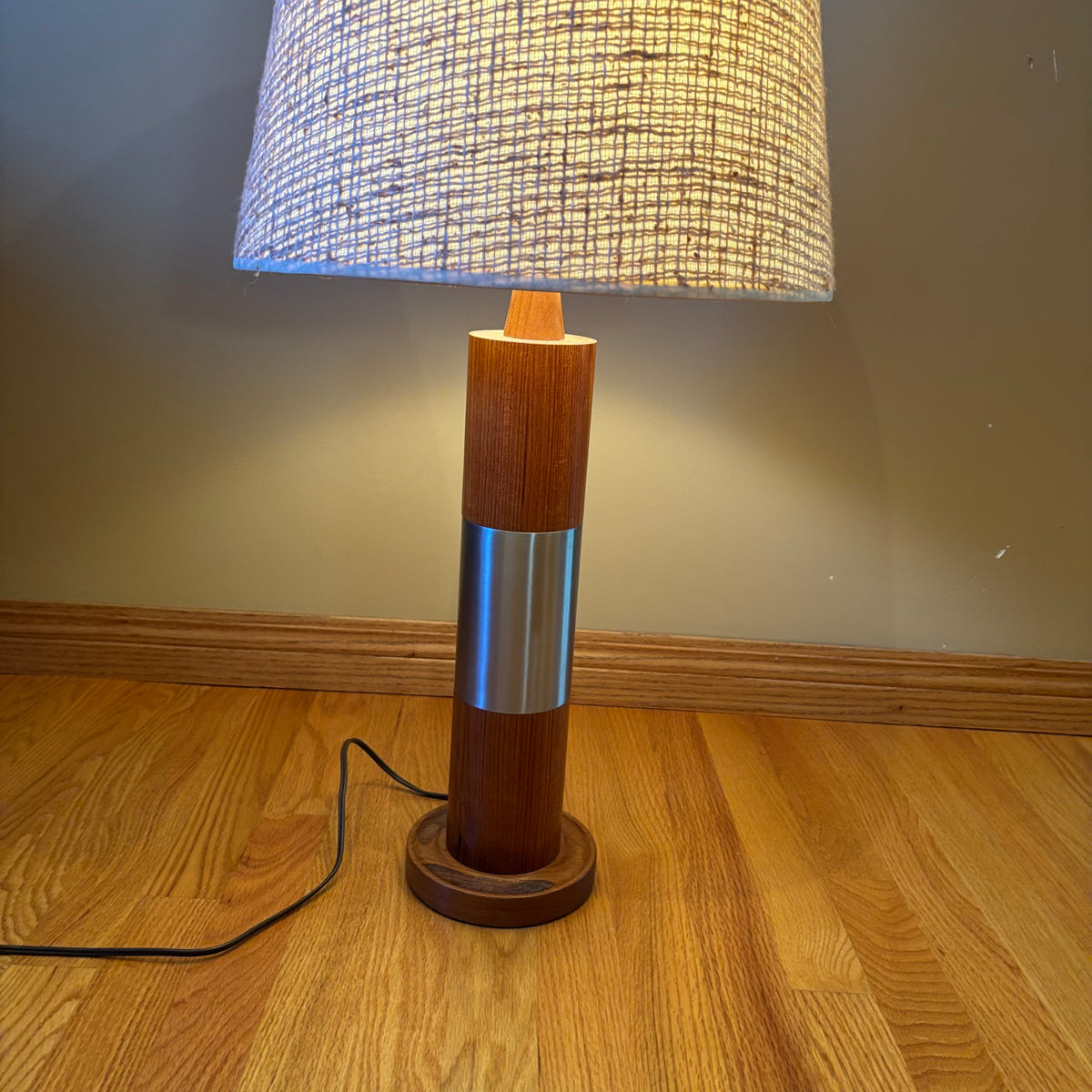 R118 Set of 2 Mid century Teak base table lamps with fabric shades (36" tall)