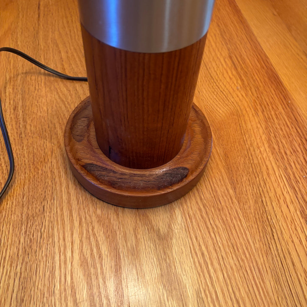 R118 Set of 2 Mid century Teak base table lamps with fabric shades (36" tall)