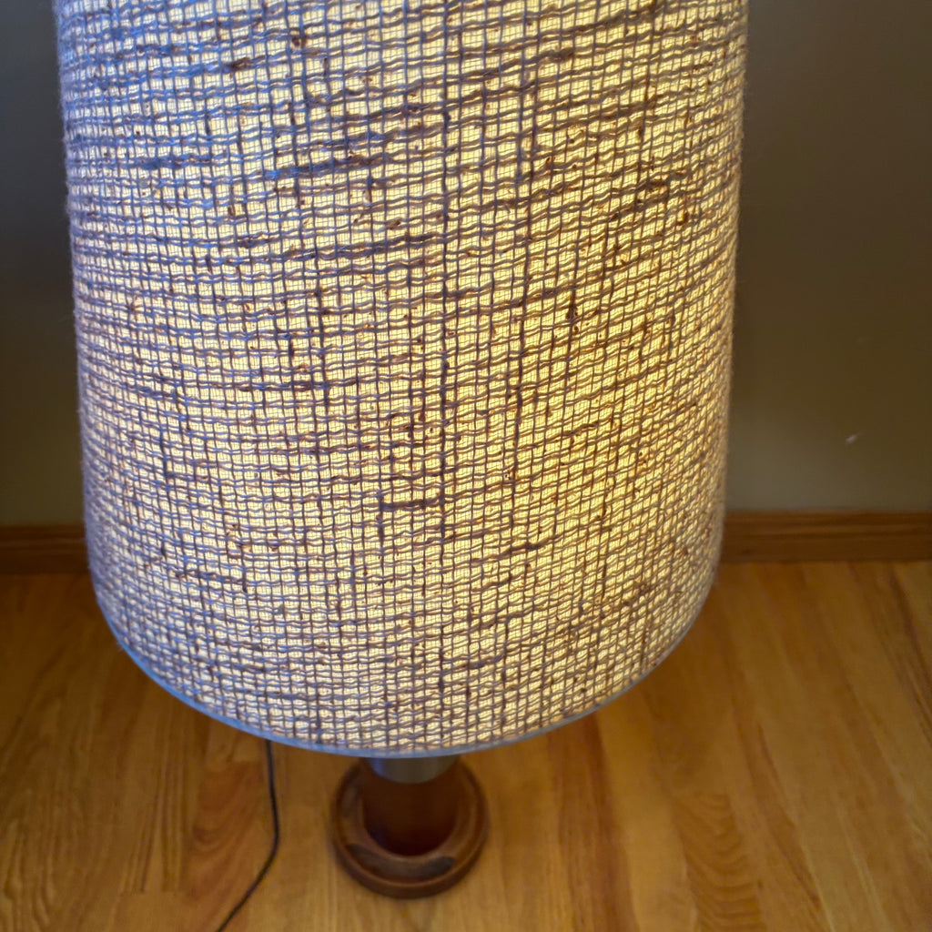R118 Set of 2 Mid century Teak base table lamps with fabric shades (36" tall)