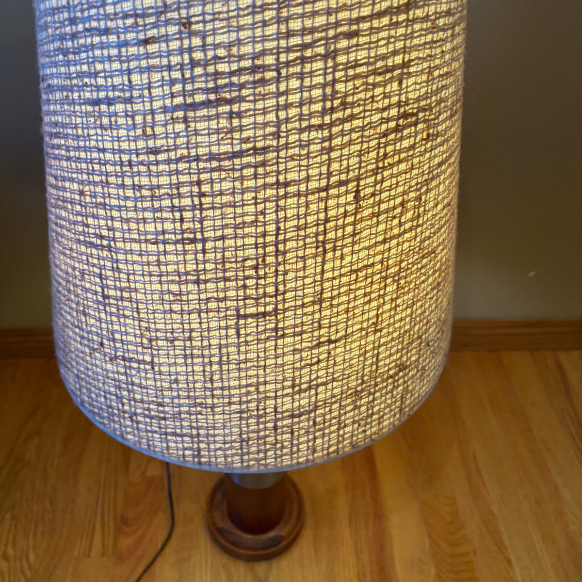 R118 Set of 2 Mid century Teak base table lamps with fabric shades (36" tall)