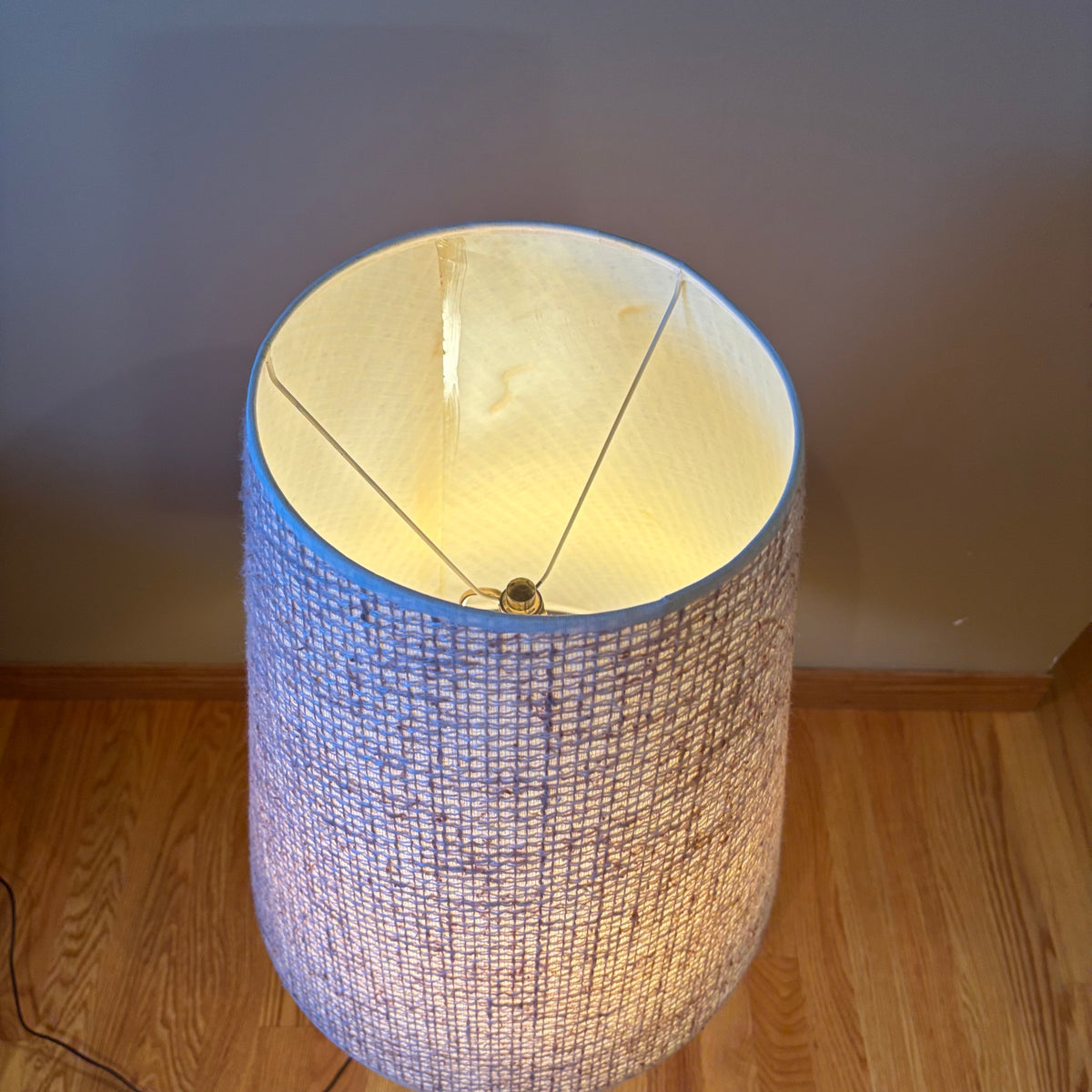 R118 Set of 2 Mid century Teak base table lamps with fabric shades (36" tall)