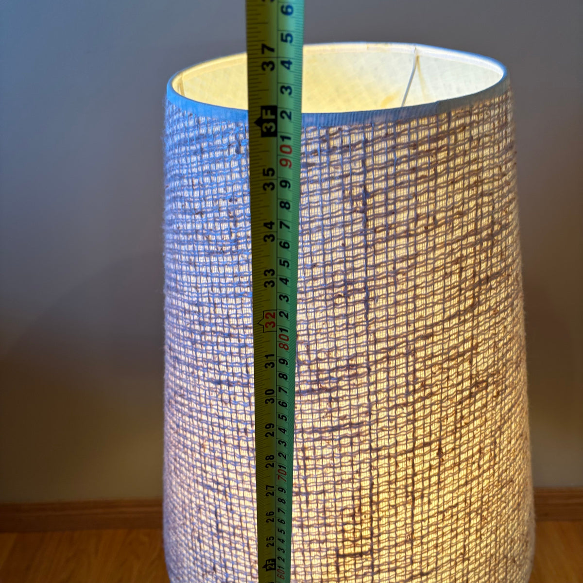 R118 Set of 2 Mid century Teak base table lamps with fabric shades (36" tall)