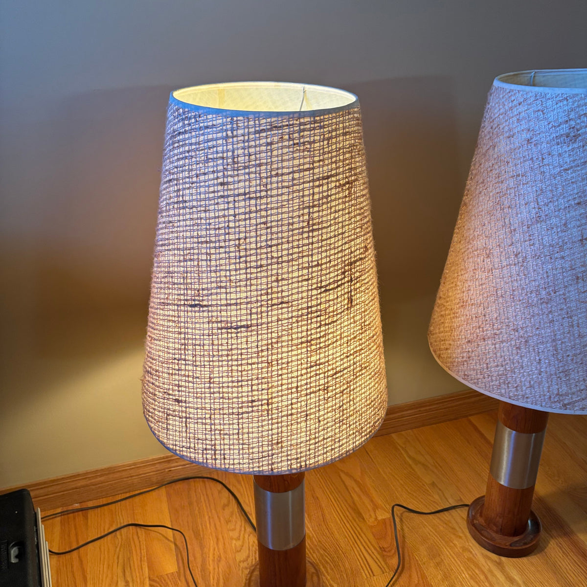 R118 Set of 2 Mid century Teak base table lamps with fabric shades (36" tall)