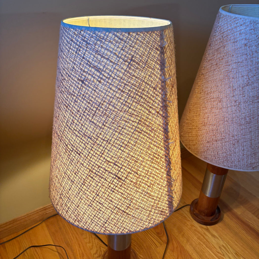 R118 Set of 2 Mid century Teak base table lamps with fabric shades (36" tall)